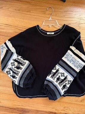 Angel + Premium Waffle Knit Sweater Top Fair Isle Llama Balloon Sleeve Black L